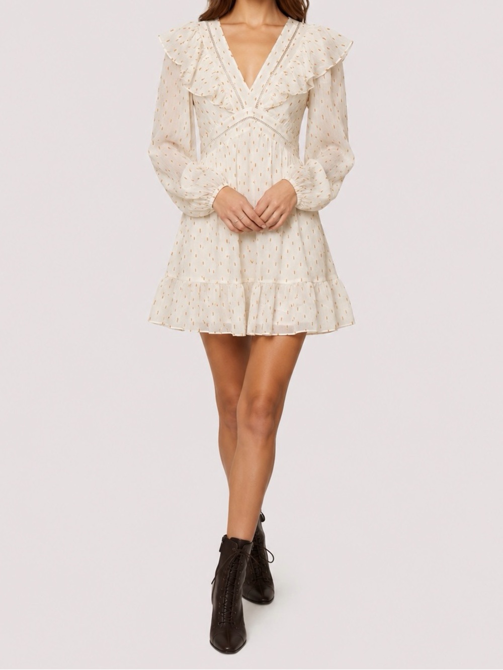 Lost + Wander Cream V-Neck Ruffle Mini Dress